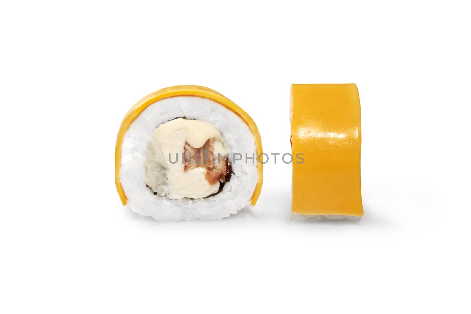 Delicious uramaki roll with cream cheese and eel wrapped in thin slice of yellow cheddar, detailed close up view isolated on white background. Traditional Japanese cuisine