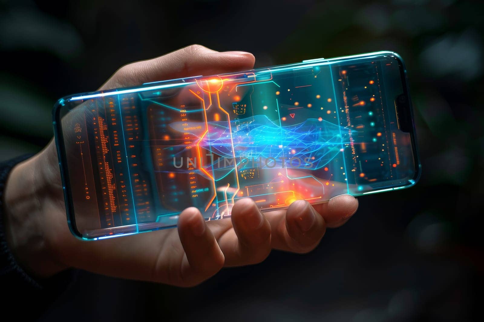 Artificial Intelligence smartphone with an interface translucent screen, technology futuristic. by Manastrong