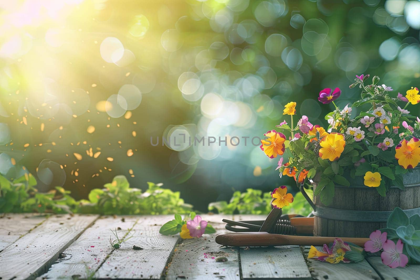 Various colorful flowers arranged on a wooden table with garden tools, against a blurred natural background.