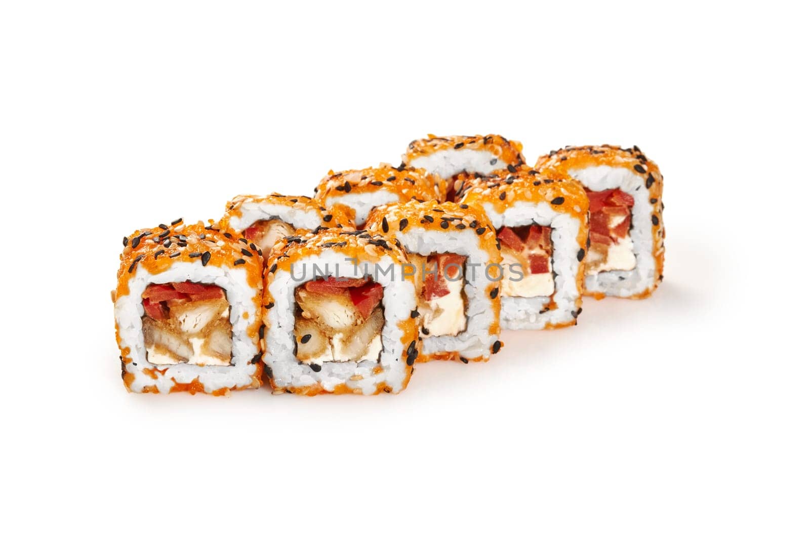 Chicken katsu sushi rolls with cream cheese and tomatoes, coated with tobiko roe and sesame seeds, presented isolated on white background. Traditional Japanese comfort food
