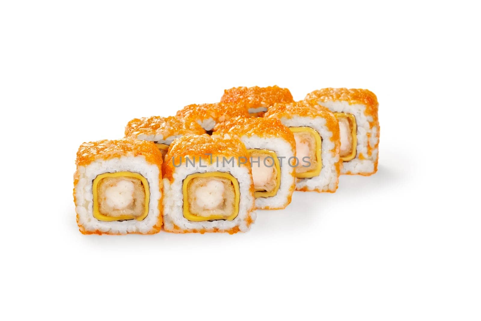 Appetizing sushi rolls coated with tobiko roe, with filling of tempura shrimp and cheddar cheese, displayed isolated on white. Japanese style cuisine