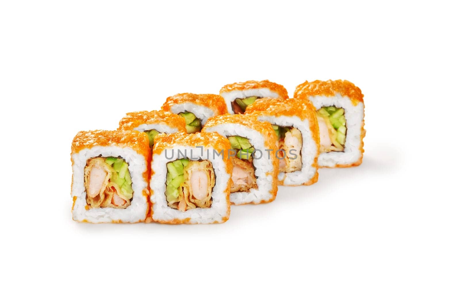 Appetizing tobiko coated sushi rolls filled with tempura shrimp and cucumber, presented isolated on white. Japanese style cuisine