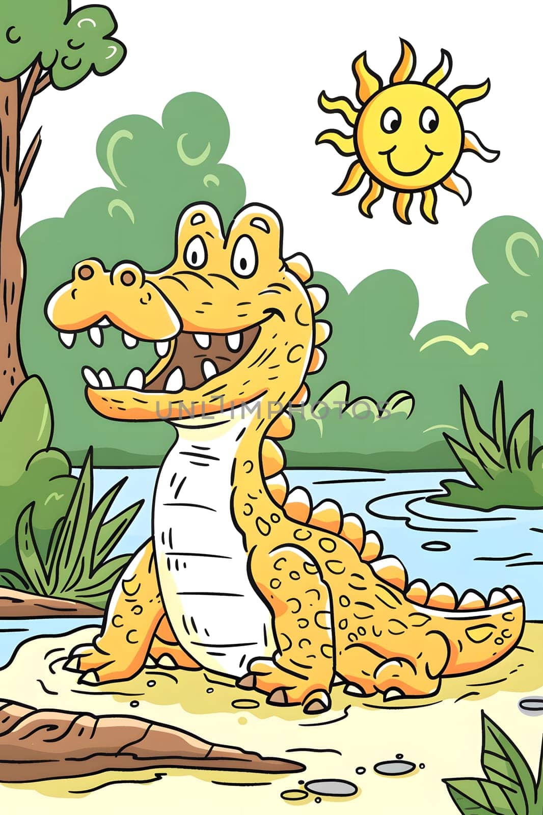 A cartoon crocodile stands by the river in a vibrant ecoregion, with a smiling sun in the background. The happy vertebrate is surrounded by nature and plants
