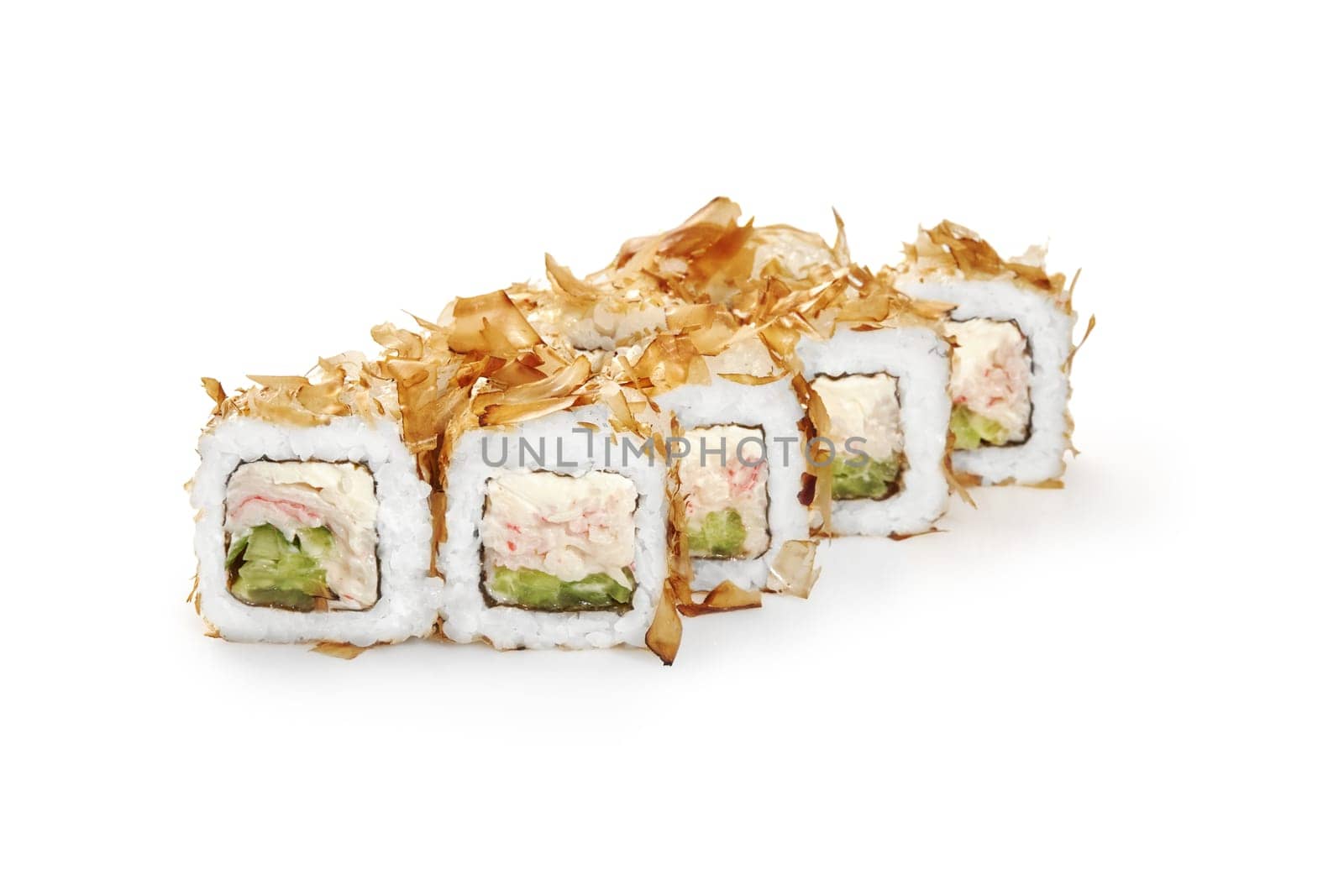Bonito flakes sushi rolls with surimi, cream cheese and cucumber by nazarovsergey