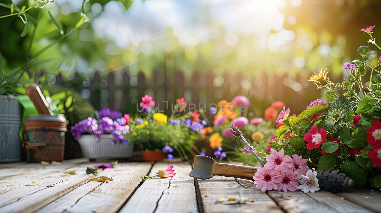 A wooden table is covered with a variety of vibrant flowers and garden tools, set against a blurred natural background.