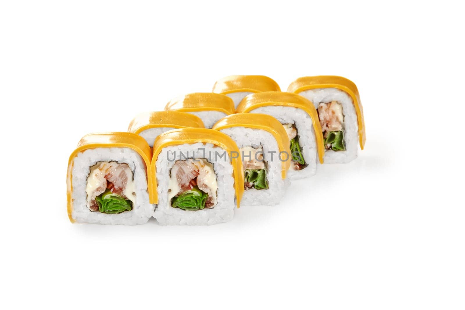 Cheddar topped eel sushi rolls with cream cheese and greens by nazarovsergey