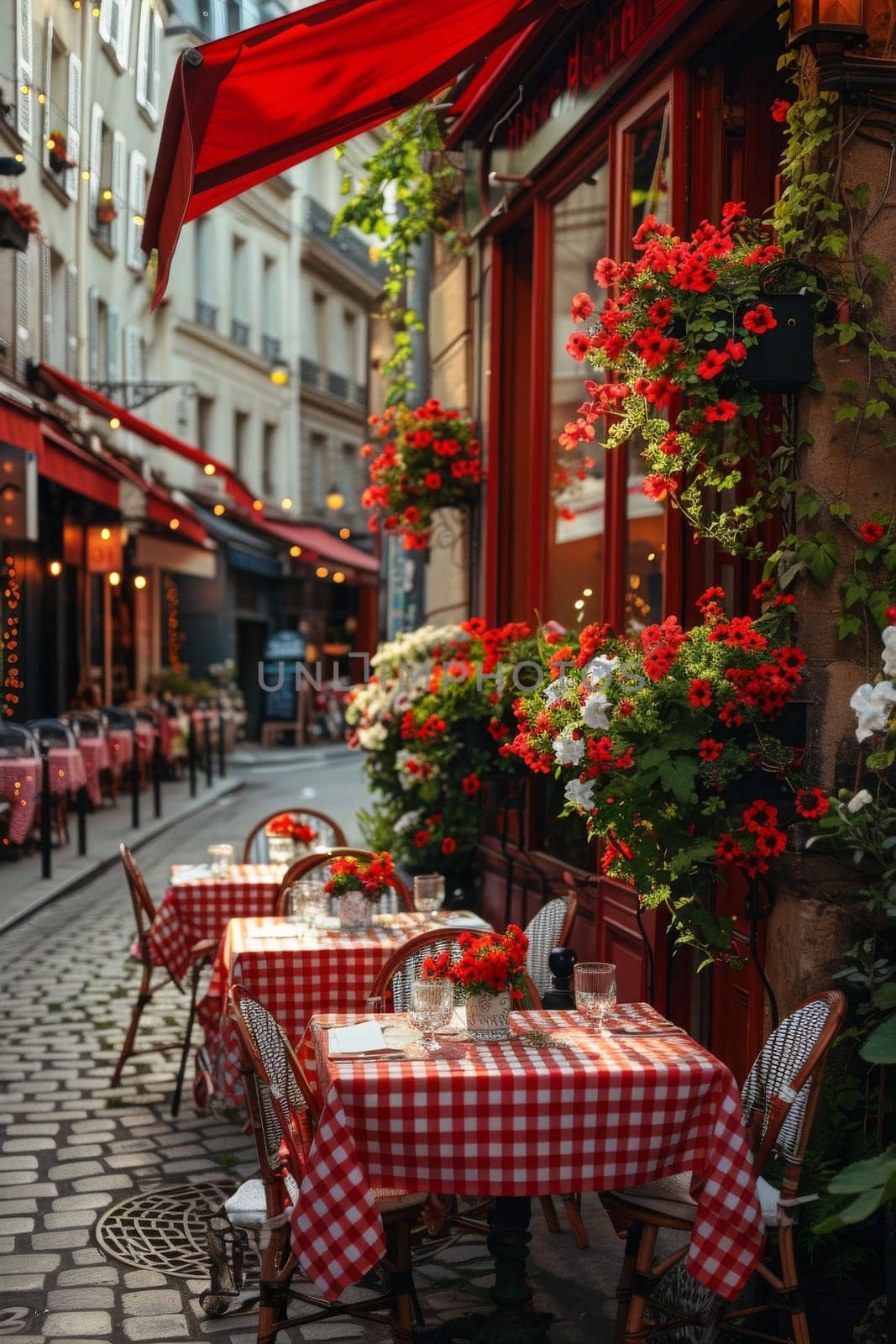 A red and white checkered table with a red umbrella in the background.