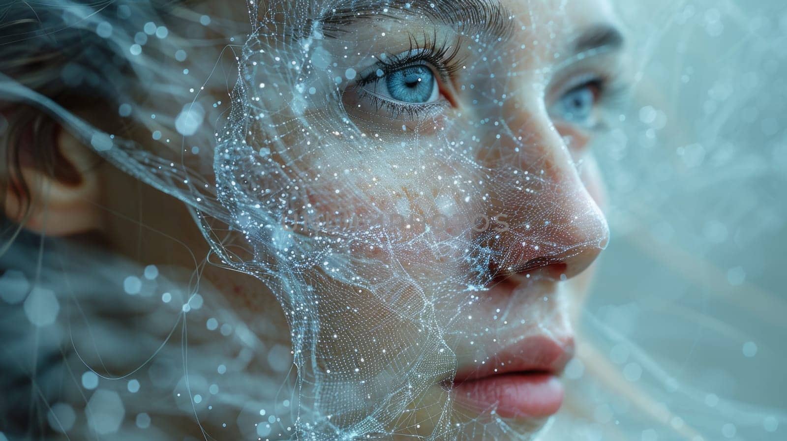 The girl 's face is covered with threads of an electronic network . Neural networks of facial recognition for human identification by Lobachad