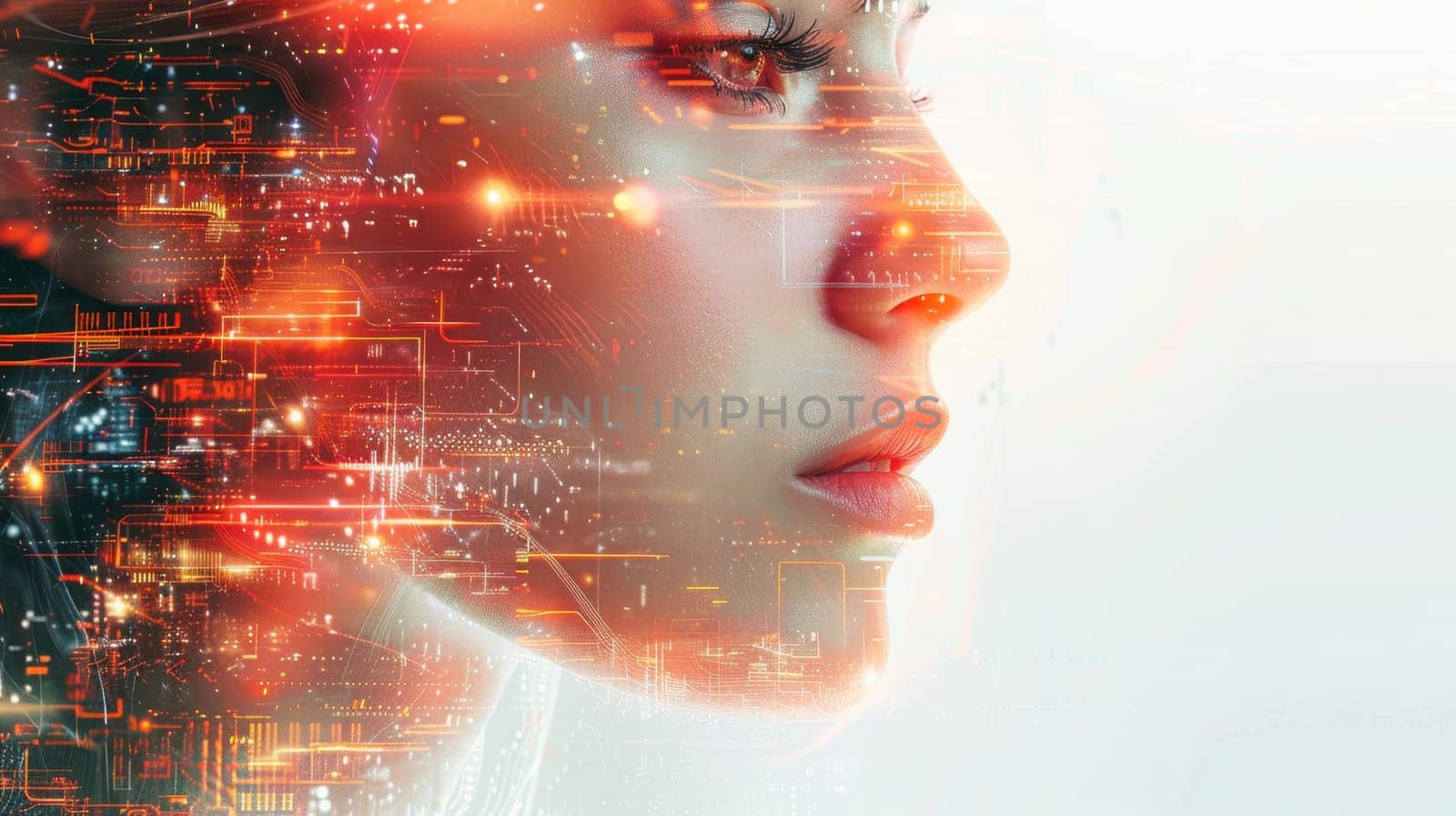 The girl 's face is covered with threads of an electronic network . Neural networks of facial recognition for human identification.