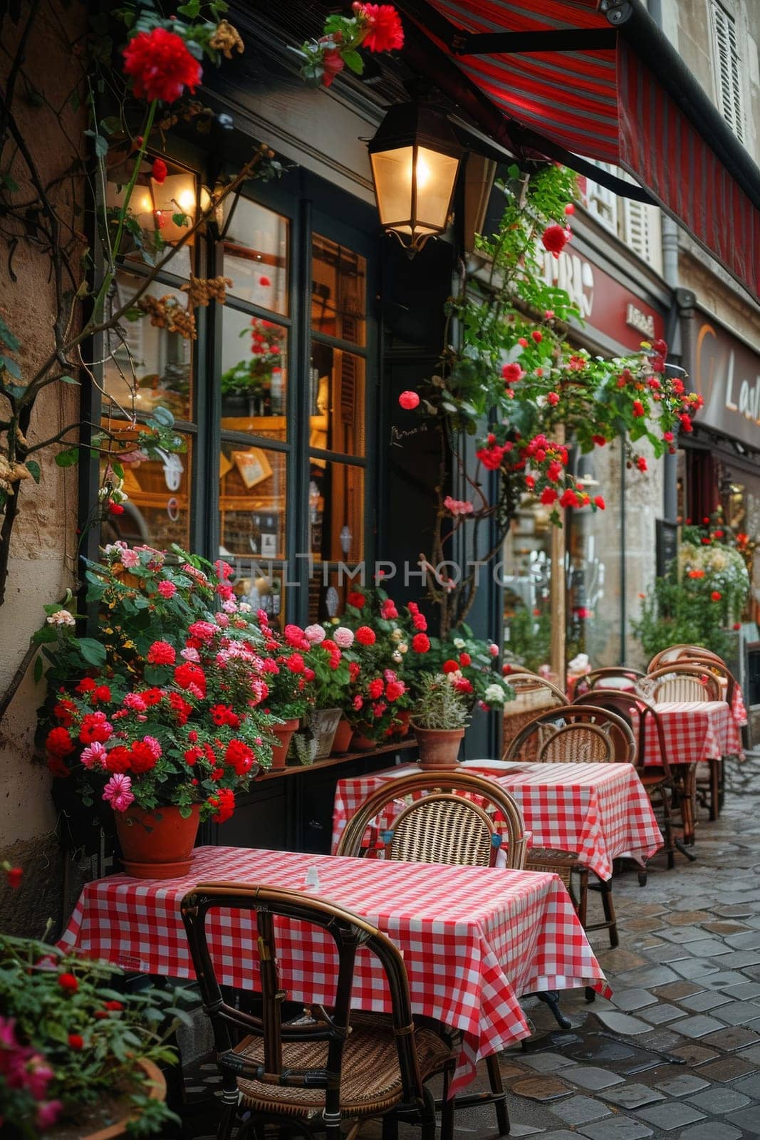 A restaurant with red and white checkered tablecloths and chairs. The tables are covered with red and white tablecloths and there are potted plants on the tables