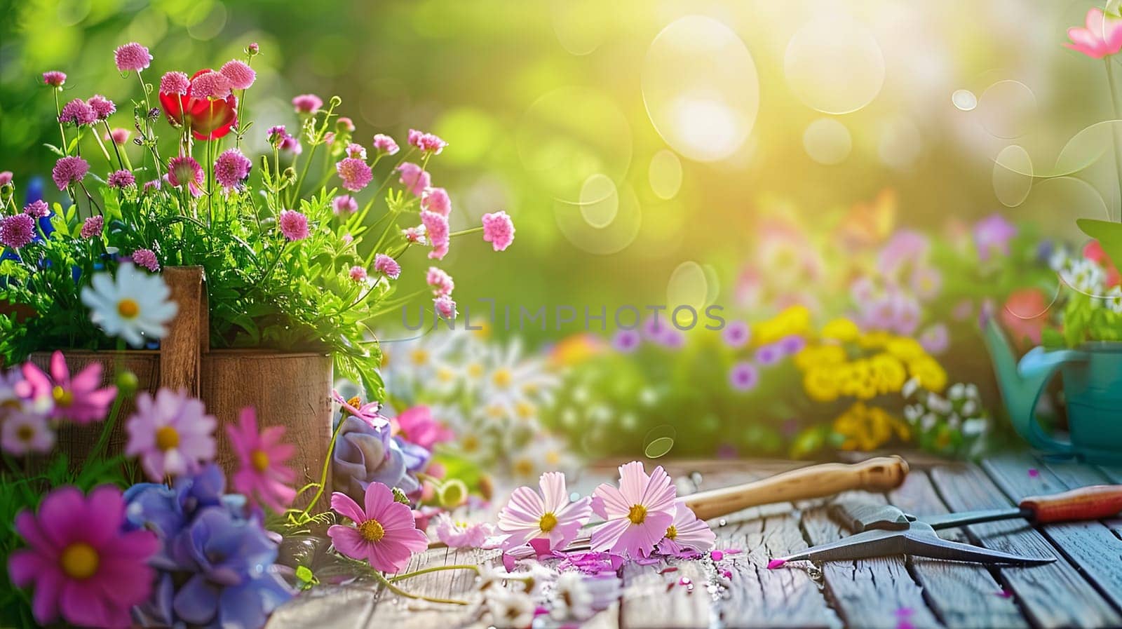 A wooden table is laden with an assortment of colorful flowers, creating a vibrant display against a blurred natural backdrop.