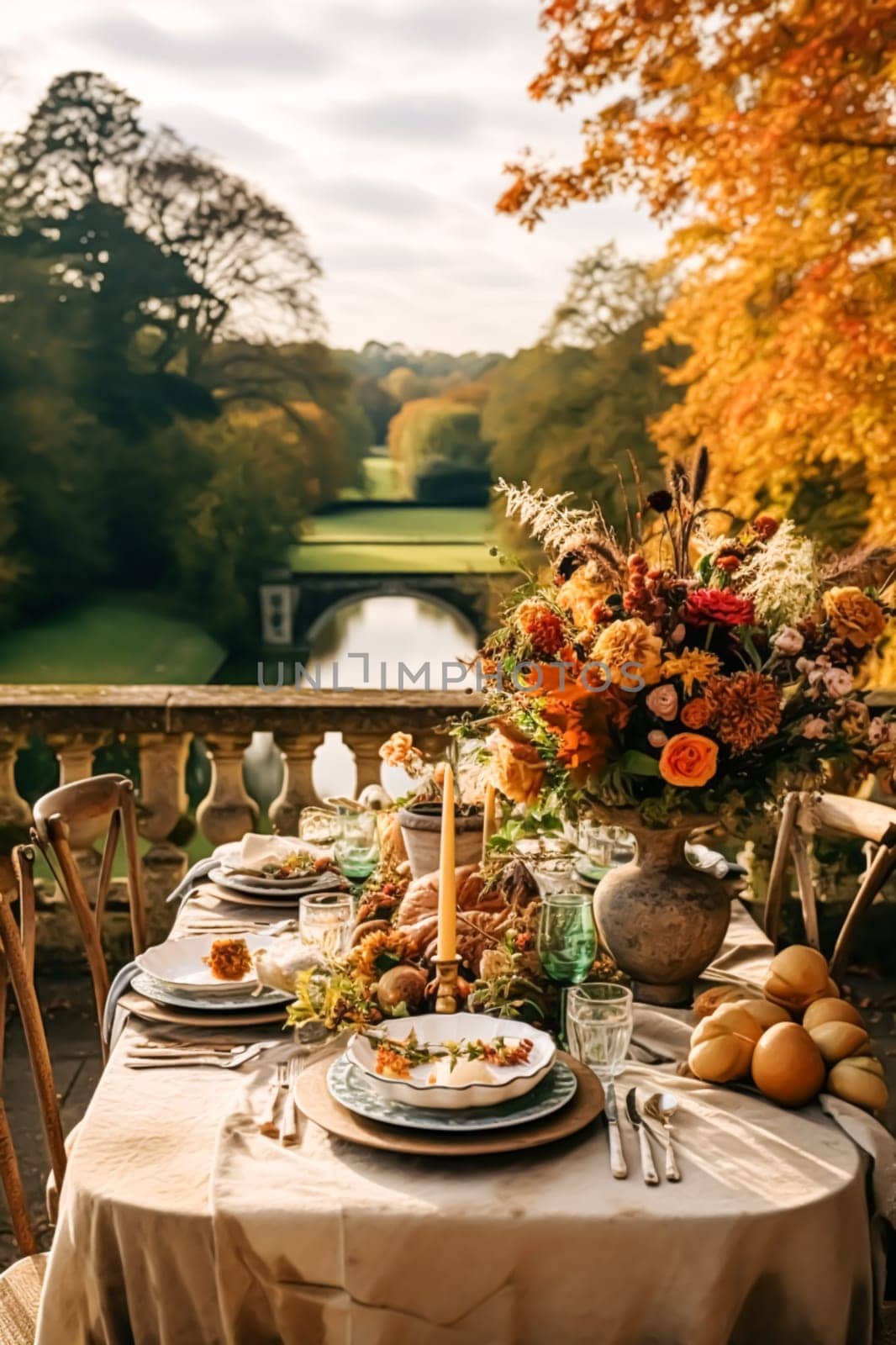 Autumn table scape, autumnal dinner table setting, holiday tablescape for wedding, birthday or party event celebration, post-processed, generative ai