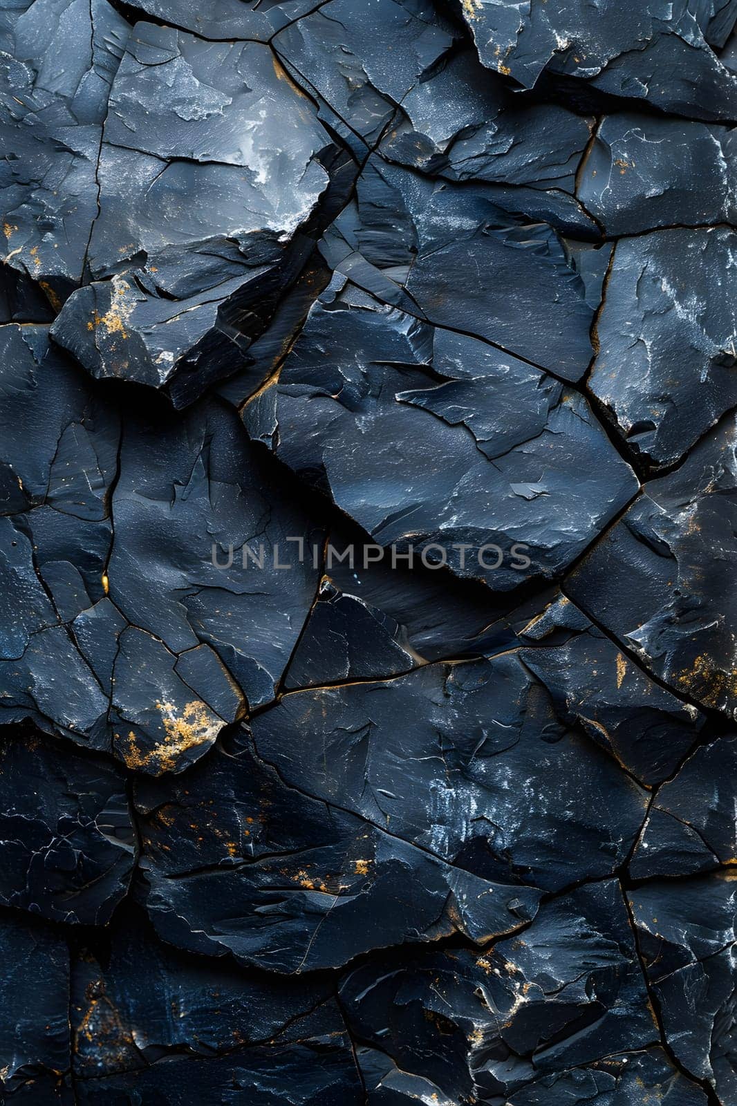 An upclose view of a black bedrock with shimmering gold spots resembling an electric blue pattern on liquid flooring