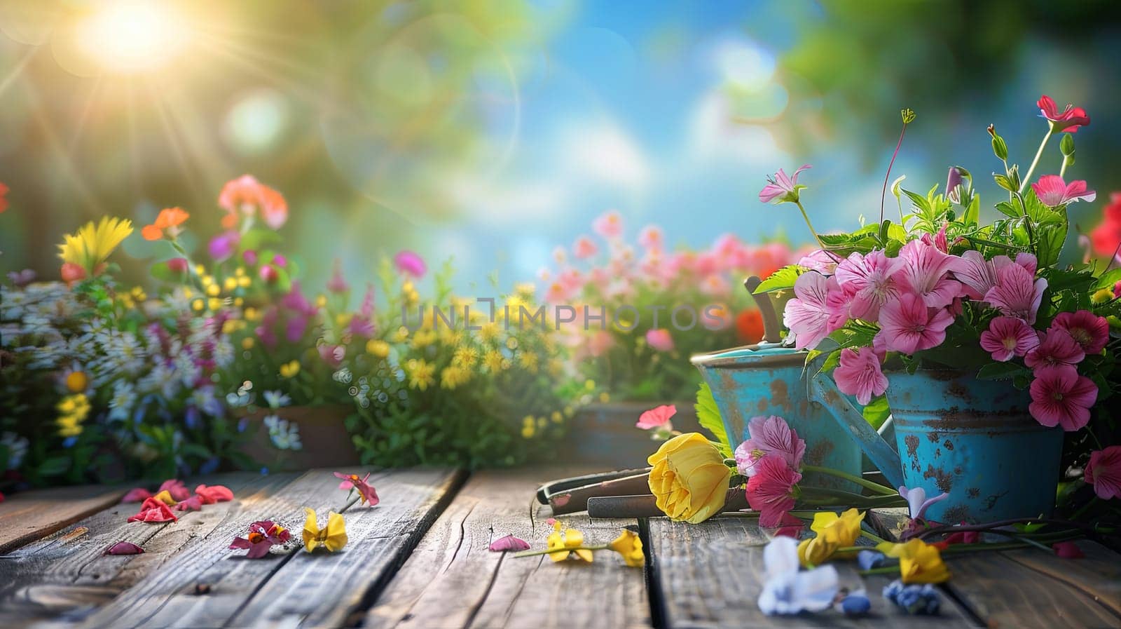 A wooden table topped with an array of vibrant flowers and garden tools, set against a blurred natural background.