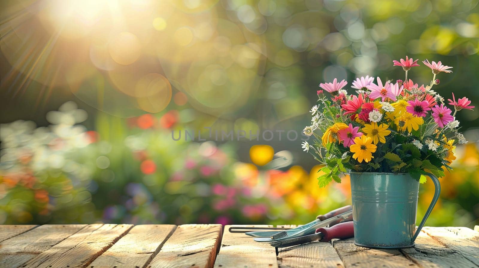 Colorful flowers arranged in a watering can on a wooden table with garden tools around, set against a blurred natural background.