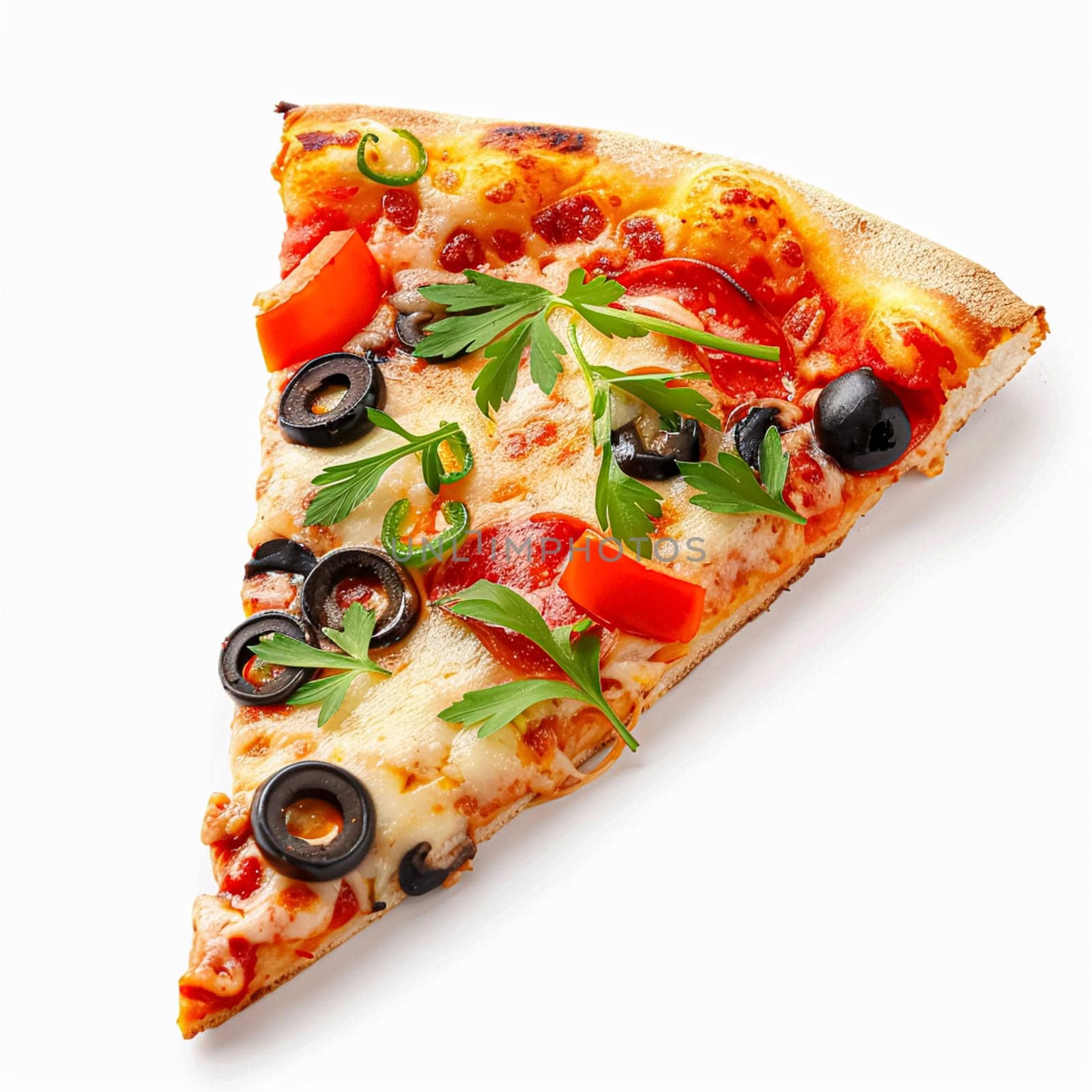 Pizza slice isolated on white background, online delivery from pizzeria, take away and fast food by Anneleven