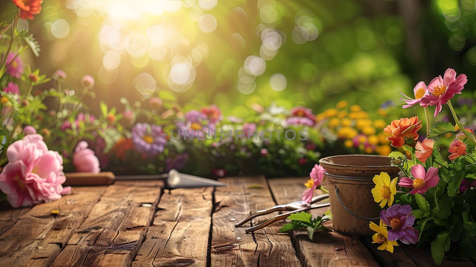 Colorful flowers are arranged on a wooden table, mixed with garden tools and surrounded by a blurred natural background.