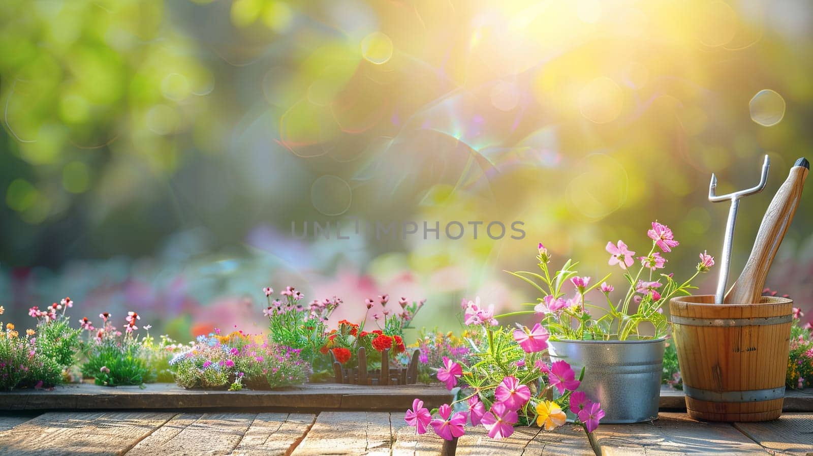 A wooden table adorned with vibrant flowers and various gardening tools, set against a blurred natural backdrop.