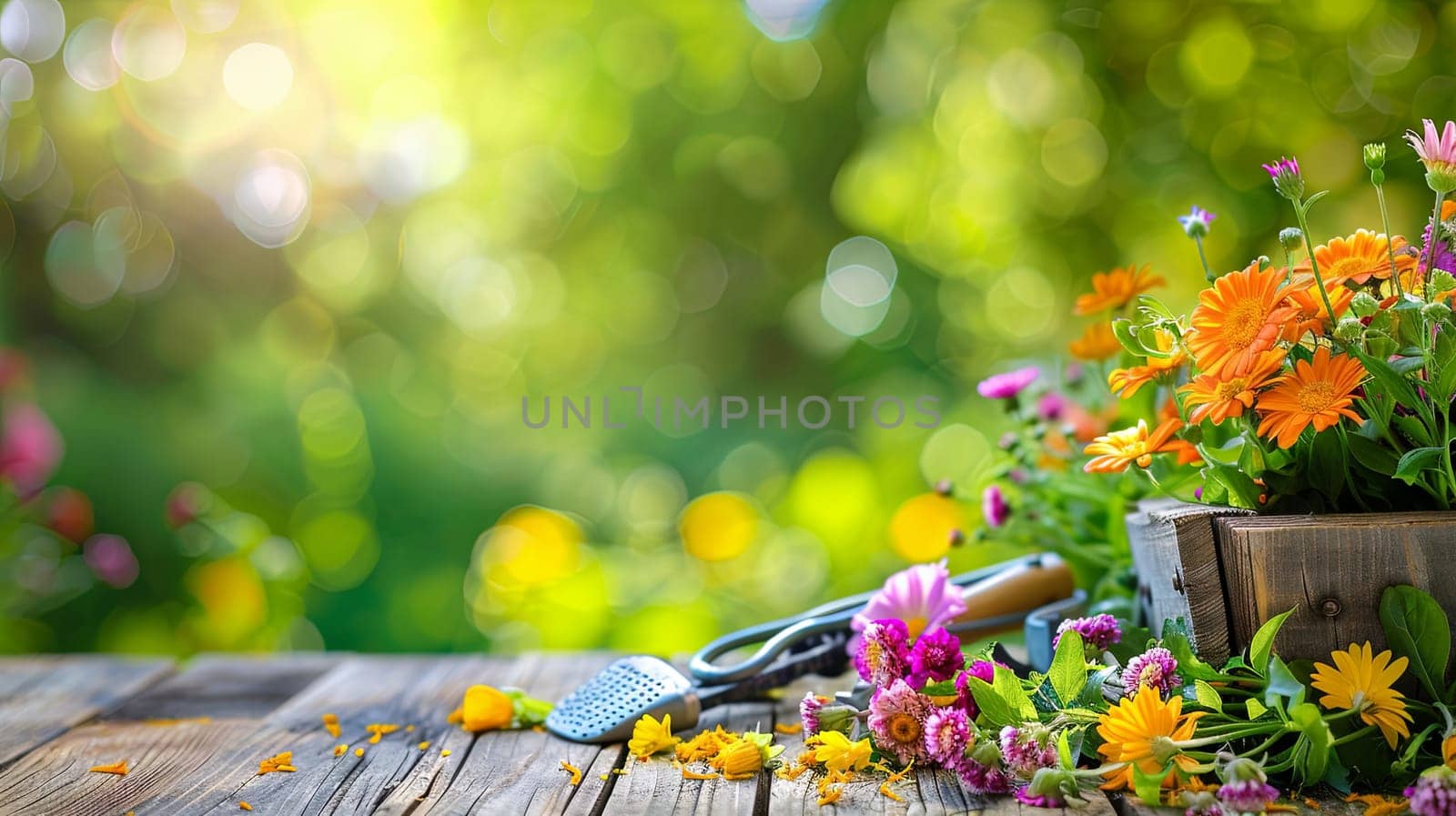Various colorful flowers and garden tools arranged neatly on a wooden table, set against a blurred natural background.