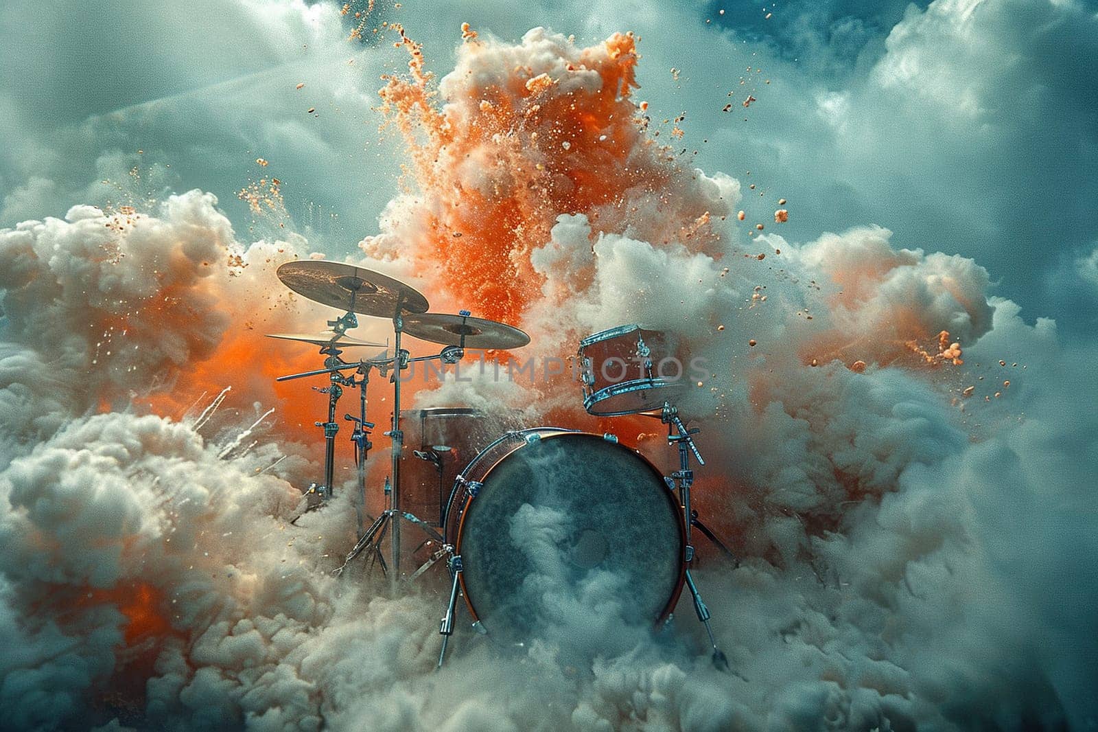 Drum set in puffs of smoke and clouds.