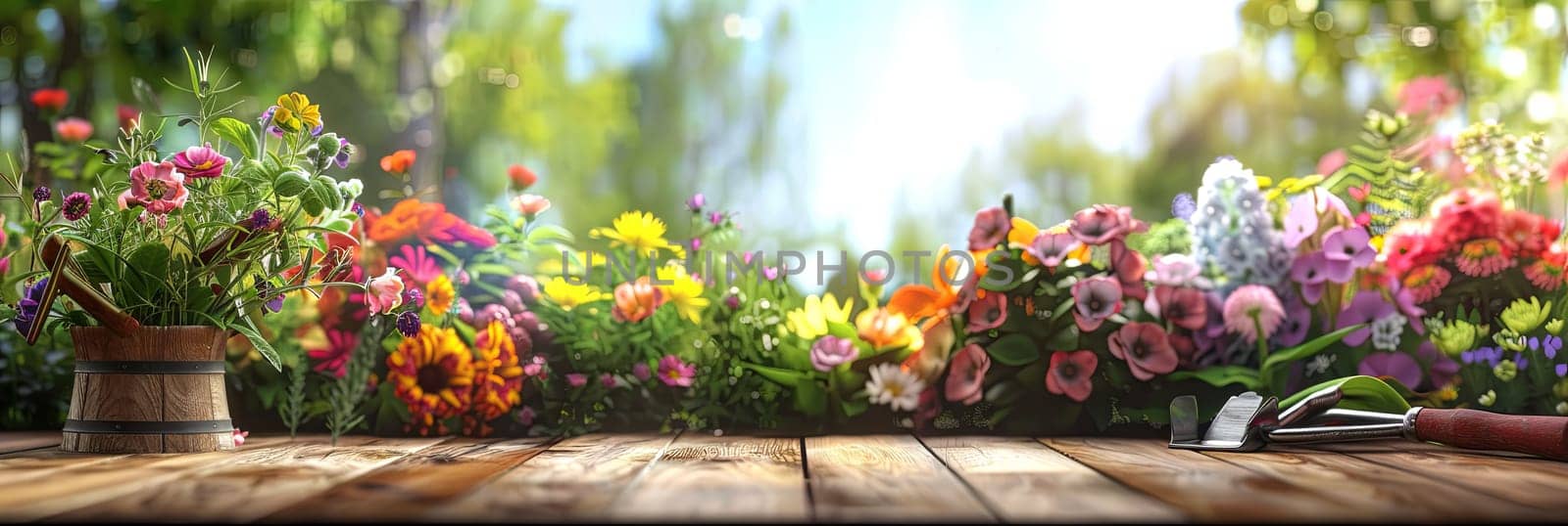 A wooden table covered with a variety of colorful flowers and garden tools, set against a blurred natural background.
