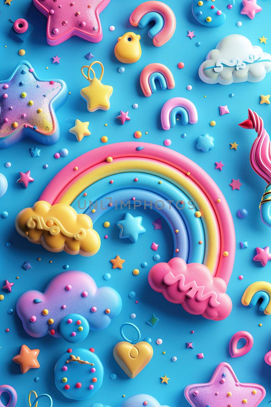 Illustration in 3D style with rainbow, stars and clouds. Vertical cartoon background for tik tok, instagram, stories.