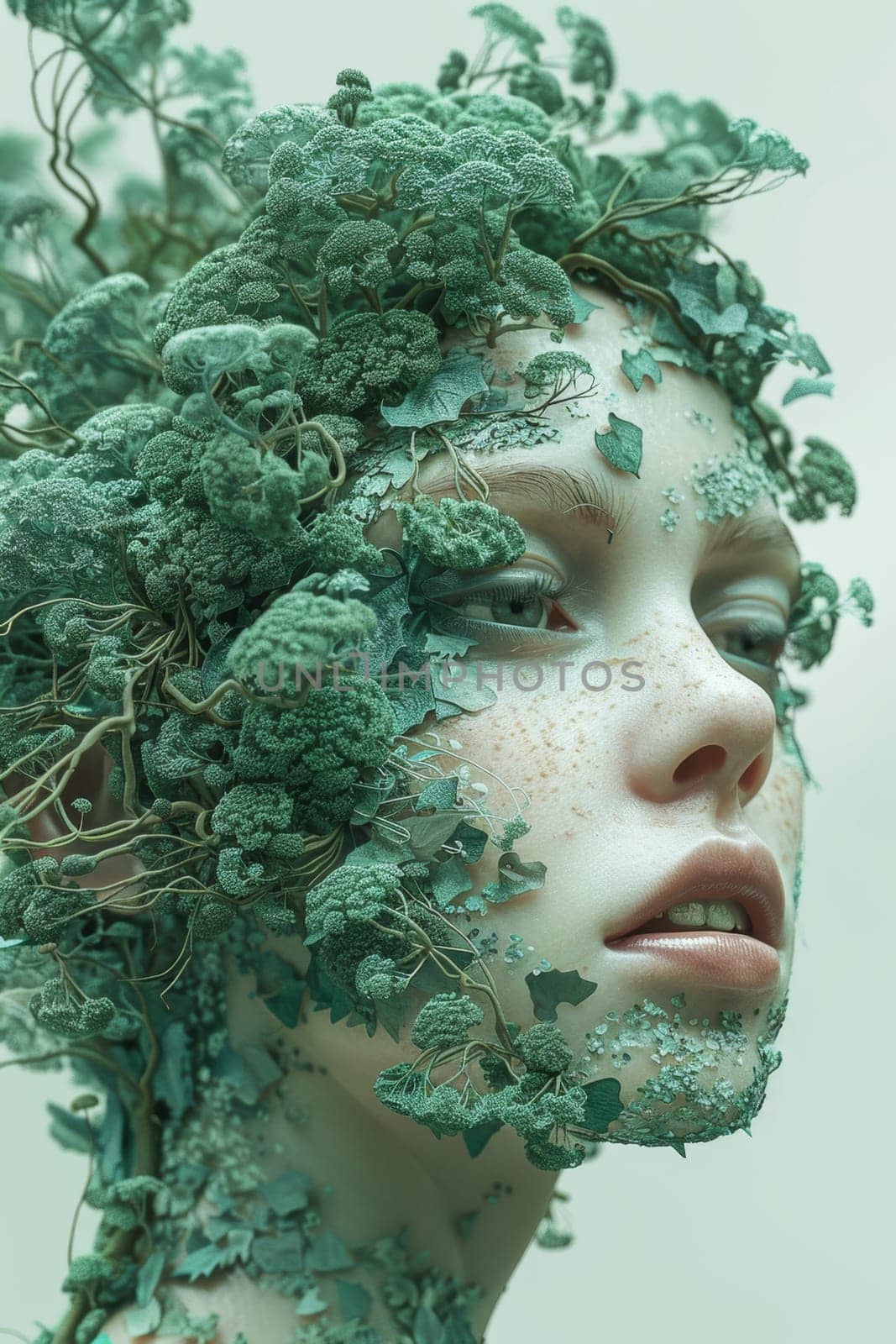 A futuristic portrait of a girl in an ecological world. using eco-future technologies in the ecosystem by Lobachad