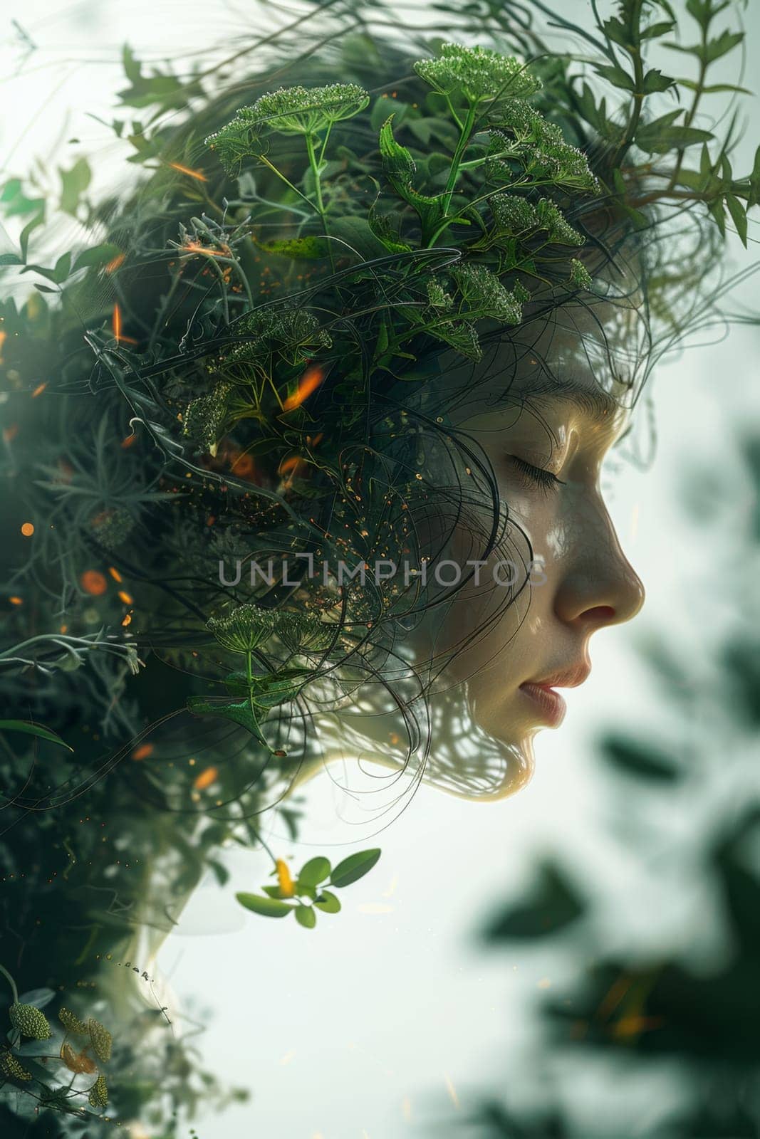 A futuristic portrait of a girl in an ecological world. using eco-future technologies in the ecosystem.