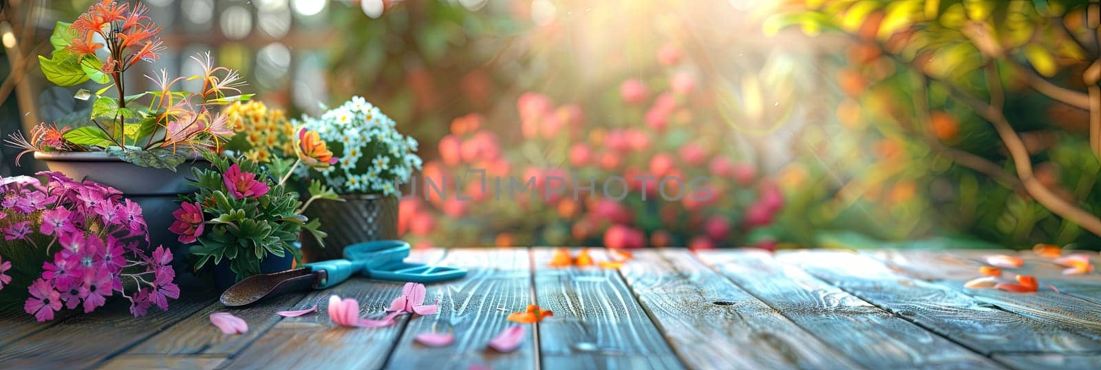 A wooden table is adorned with a variety of vibrant flowers and garden tools, set against a blurred natural background.