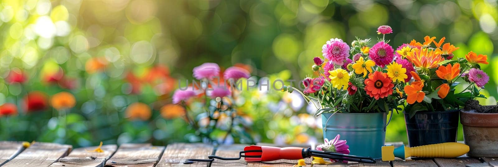 Various colorful flowers and garden tools arranged on a wooden table with a blurred natural background.