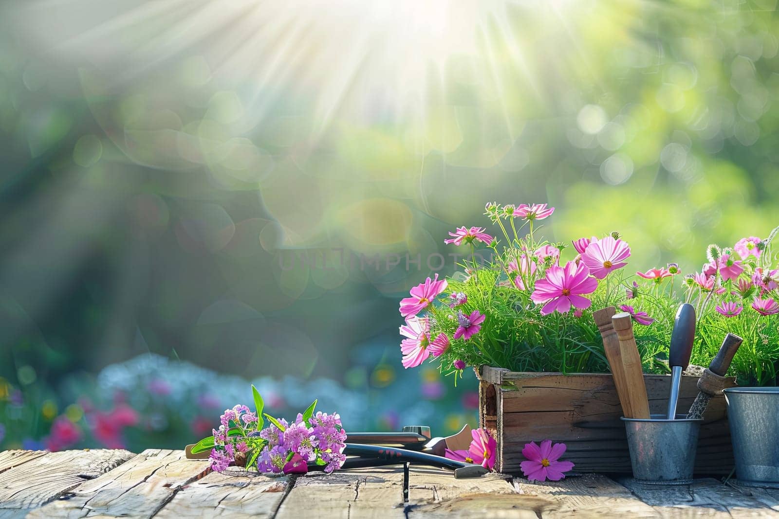 A wooden table is adorned with vibrant potted plants and essential gardening tools against a blurred background of nature.