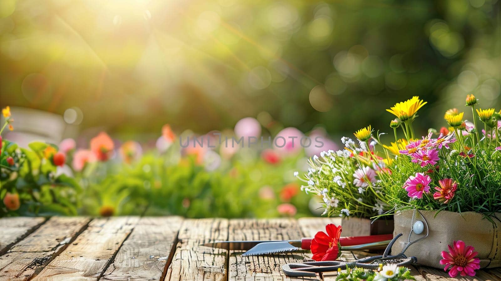 Wooden table covered with vibrant flowers and various garden tools, set against a blurred natural backdrop.