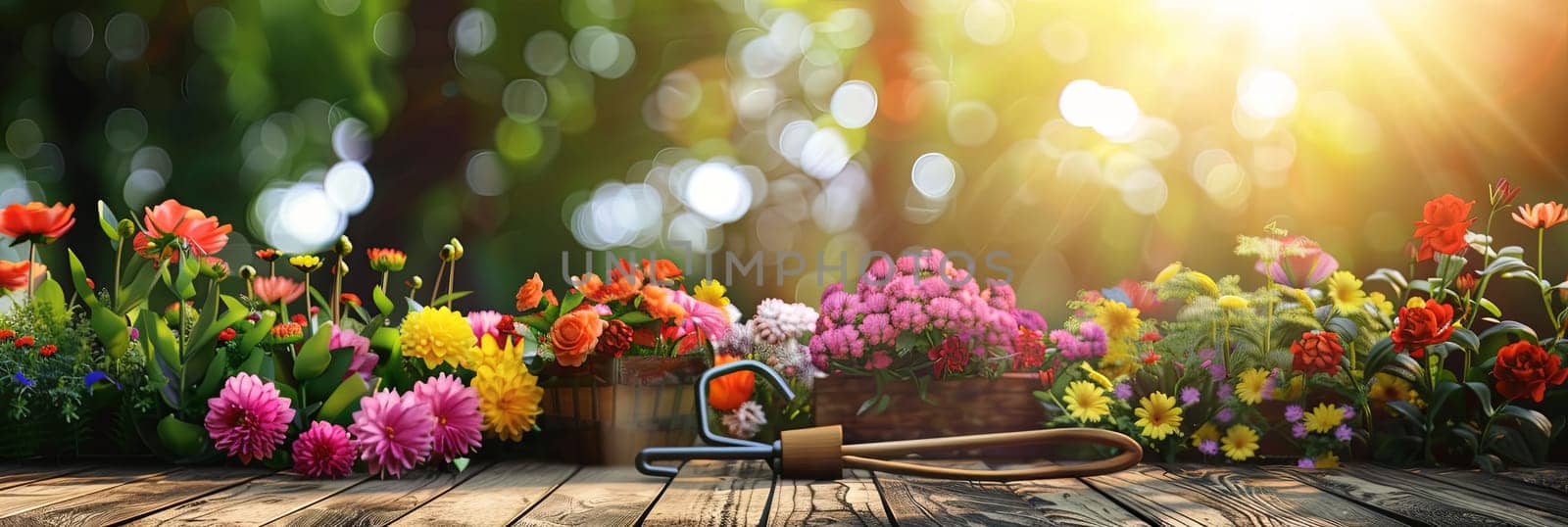 A wooden table is covered with a variety of colorful flowers and garden tools. The vibrant display contrasts with the blurred natural background.