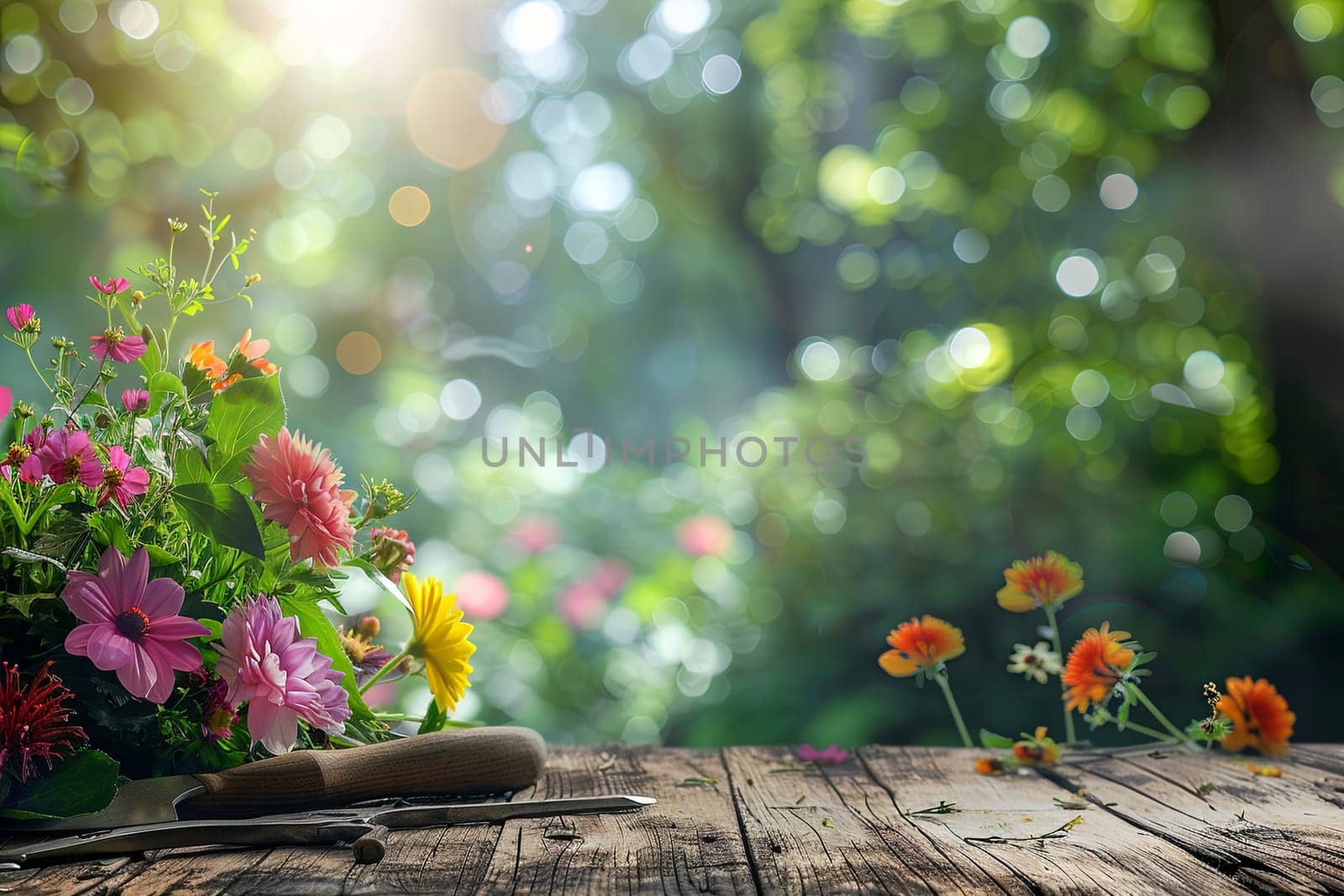 A wooden table is covered in bright and colorful flowers, along with garden tools, set against a blurred natural background.