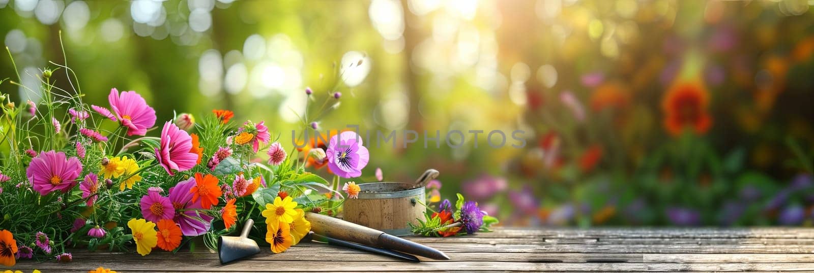 Various colorful flowers and garden tools arranged on a wooden table, with a blurred natural background.