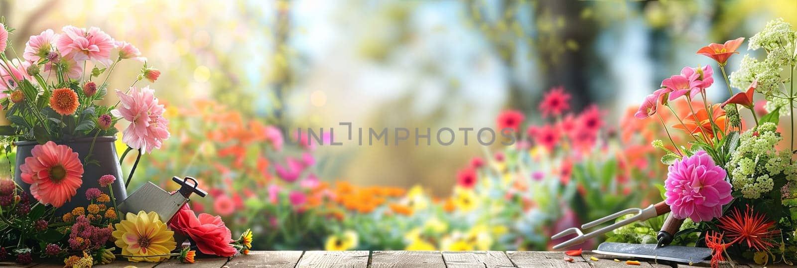 Many vibrant flowers and garden tools arranged on a wooden table, set against a blurred natural backdrop.
