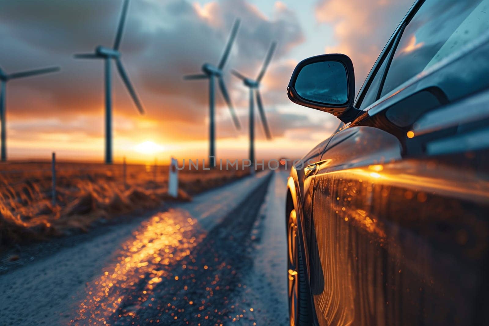 A car drives down a road lined with windmills in the countryside.