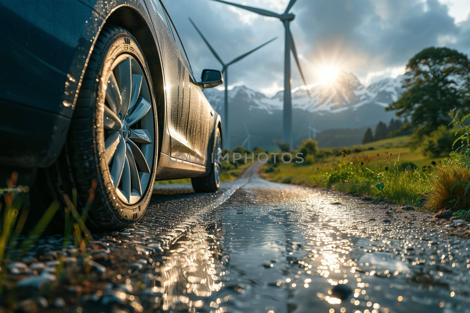 A car drives down a road next to a row of towering wind turbines, generating renewable energy.