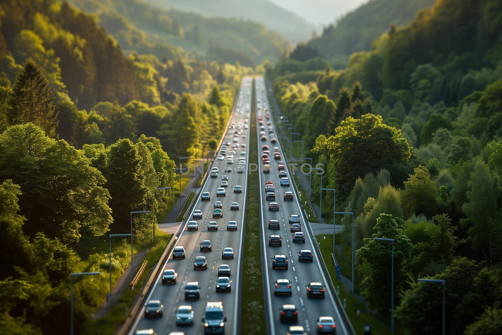 A birds eye view of a highway slicing through a dense forest, surrounded by lush greenery and tall trees.