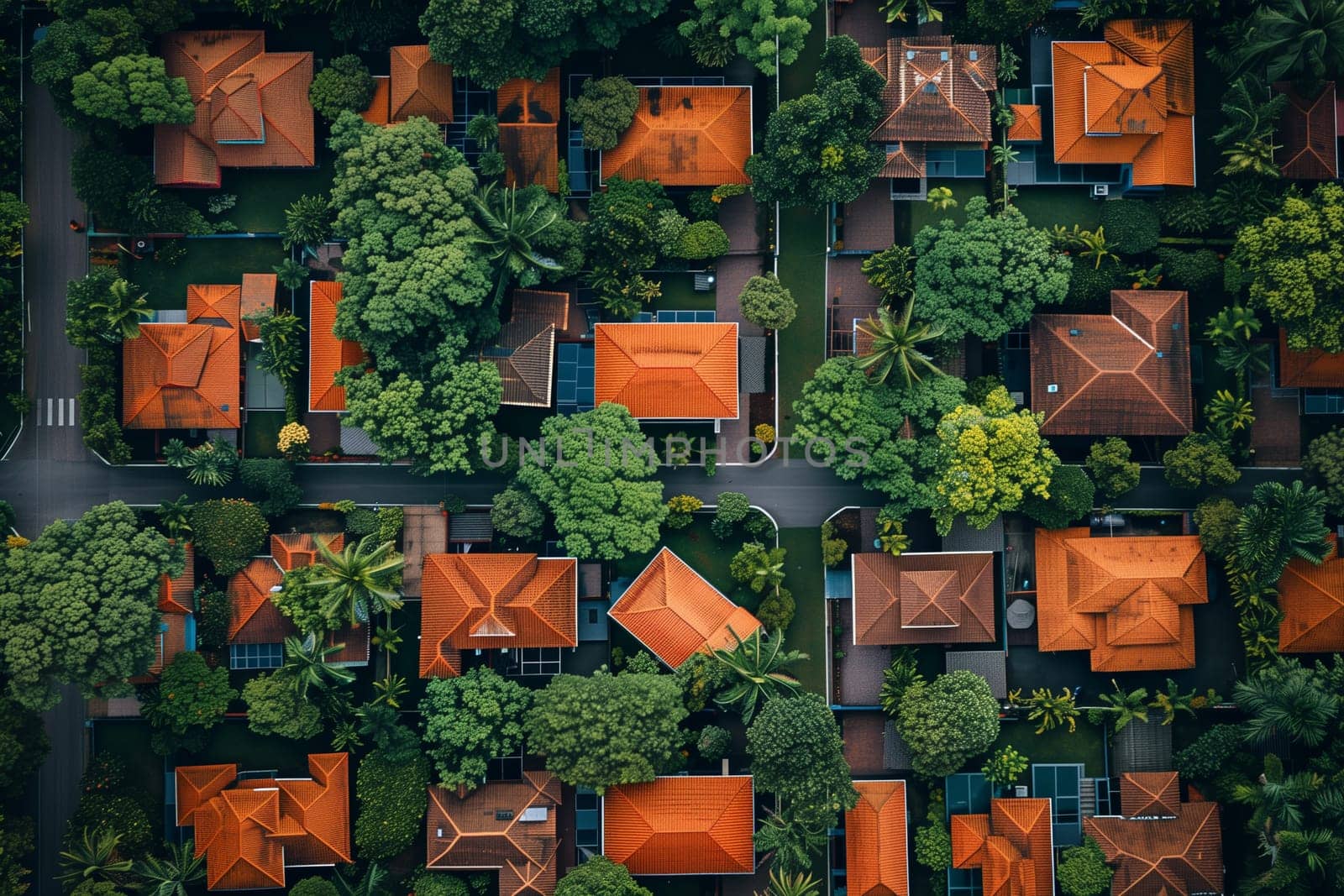 An aerial perspective of a house located amidst a cluster of trees.