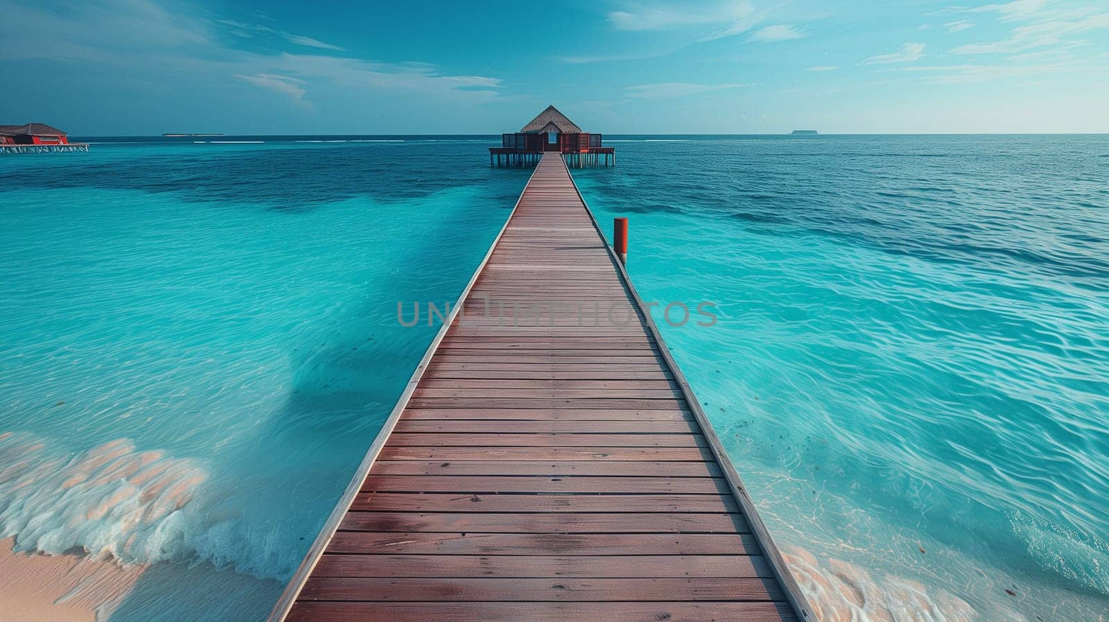 A wooden dock extends into the ocean, with a small hut visible in the distance under a clear sky.