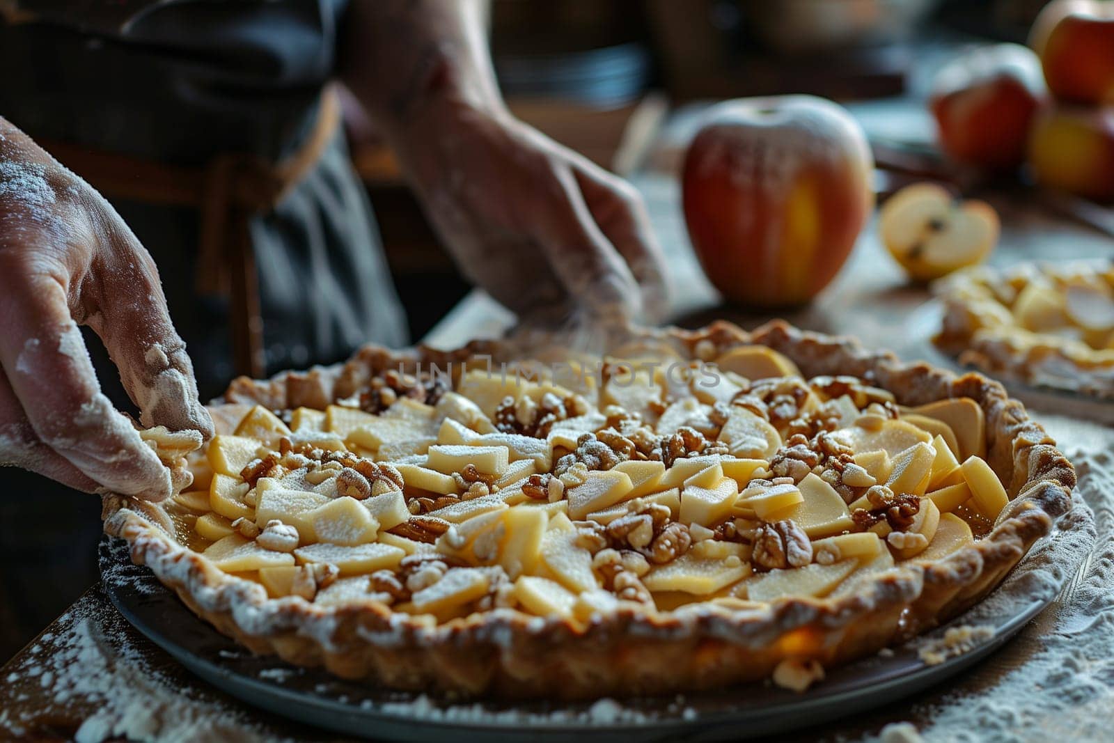 An individual adds various toppings to a pie, including fruits, nuts, and sauces, in a kitchen setting.