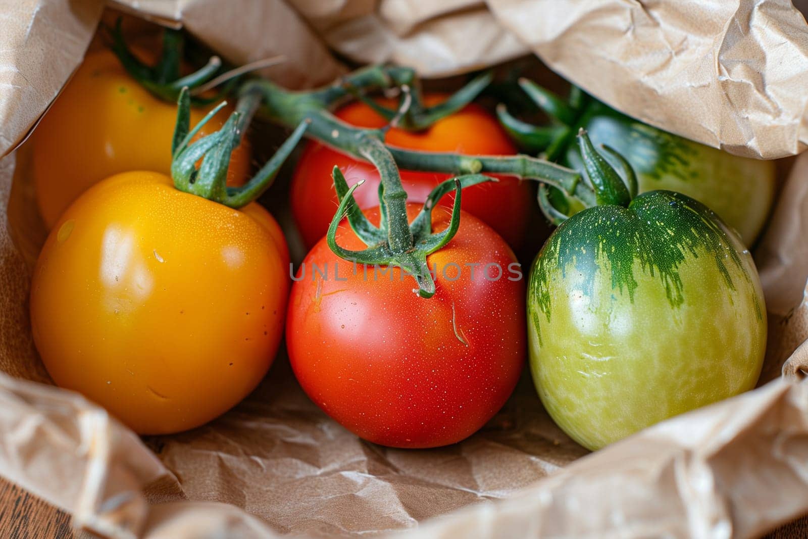 Various vibrant tomatoes of different colors placed in a paper bag.