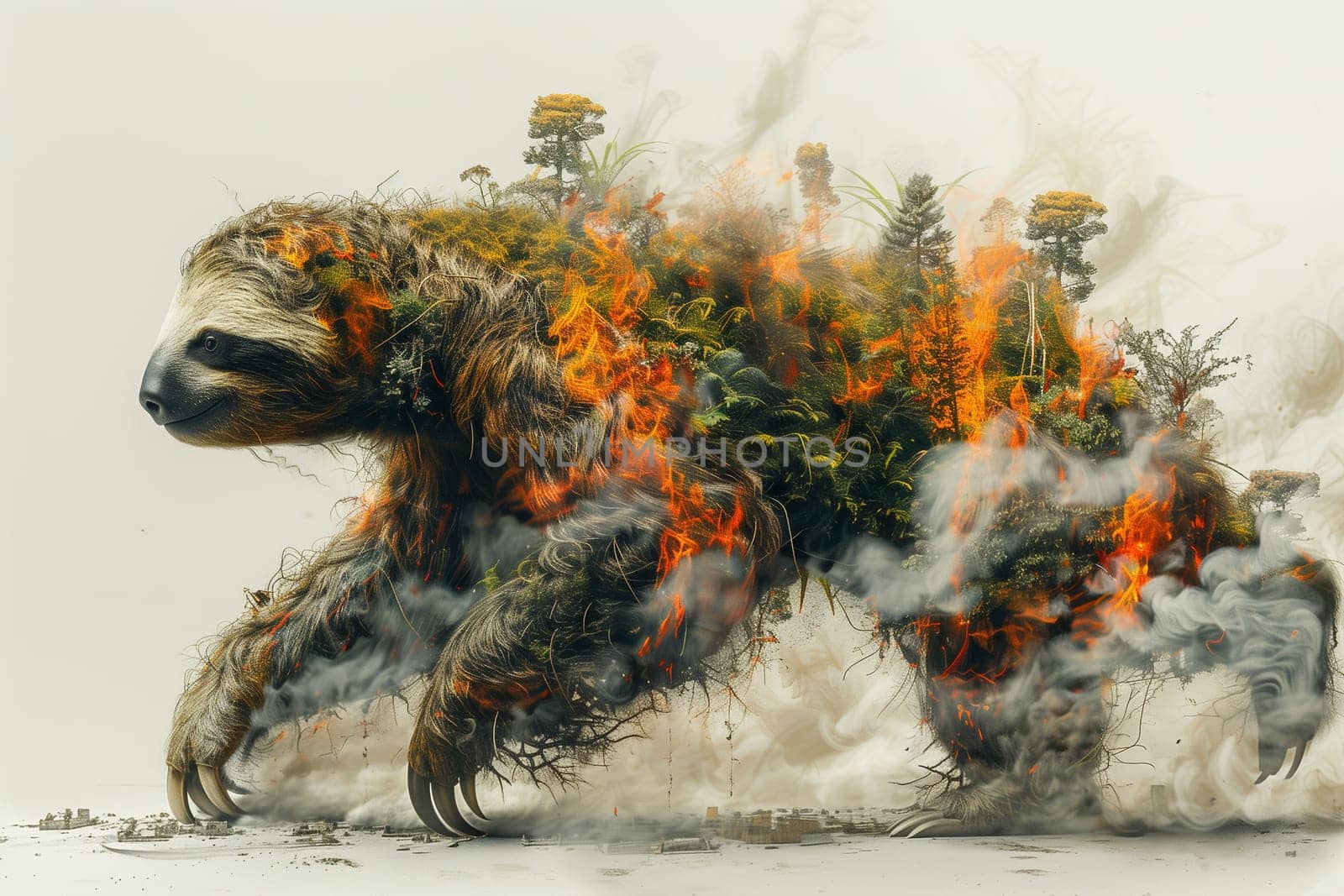 A surreal artwork shows a sloth with a forest on its back burning, highlighting the impact of wildfires on wildlife.