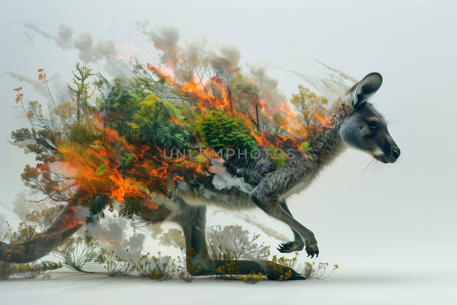 A painting depicting a kangaroo running with fire erupting from its back in a forest setting, symbolizing danger and ecological threats.