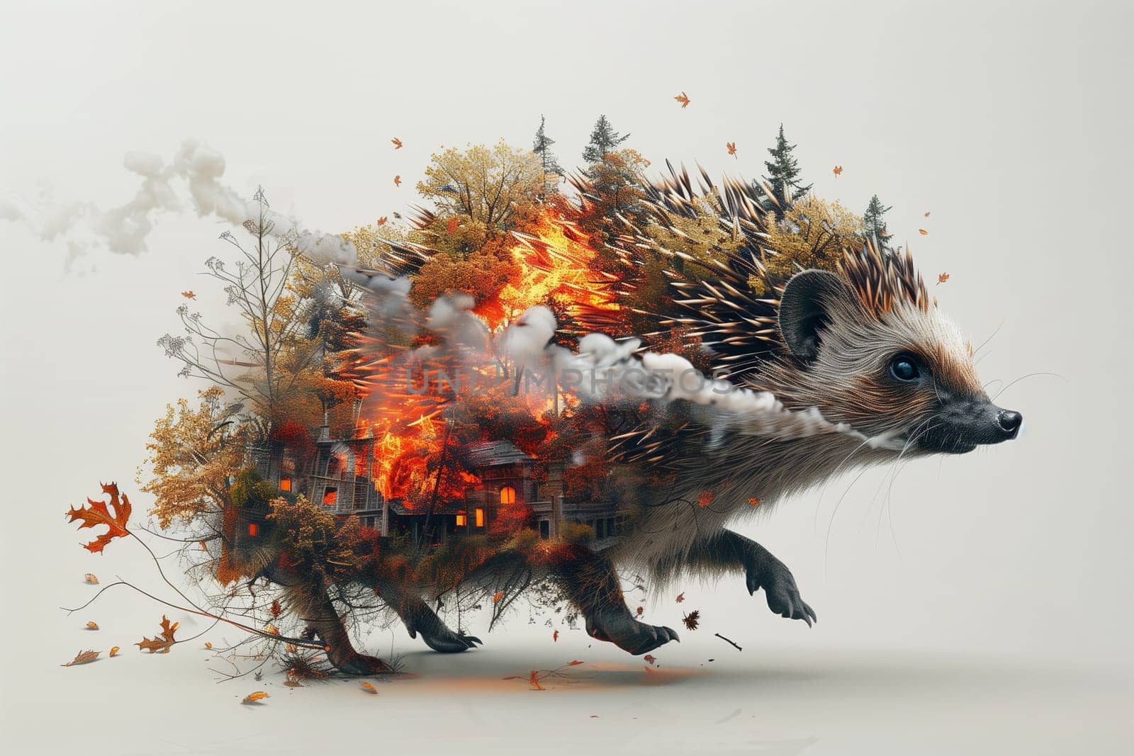 A hedgehog runs as a forest fire rages behind, with trees ablaze and smoke rising, highlighting the danger to wildlife and ecosystems.