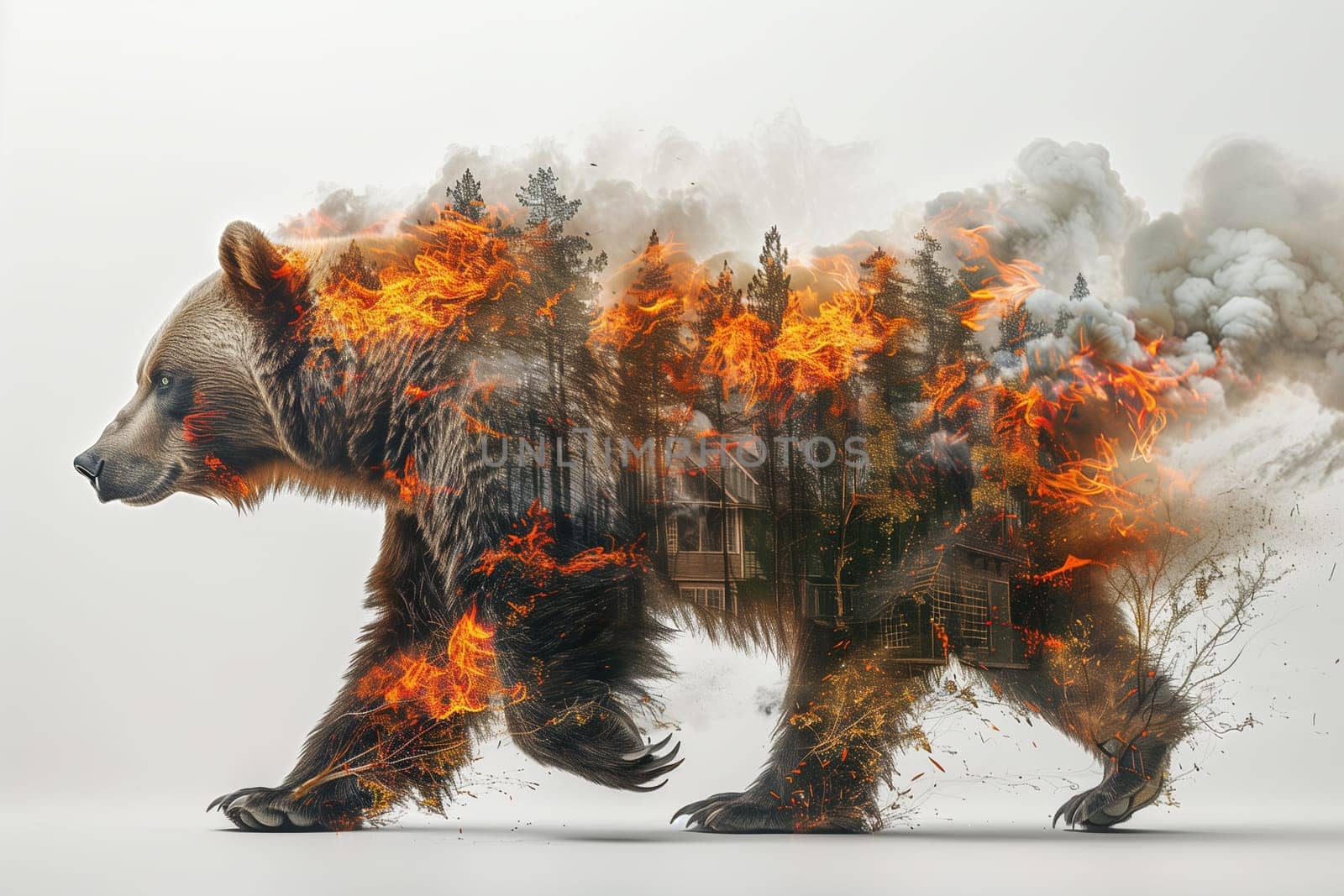 A bear with a surging blaze erupting from its back, amidst a forest setting, depicting a scene of danger and ecological impact.