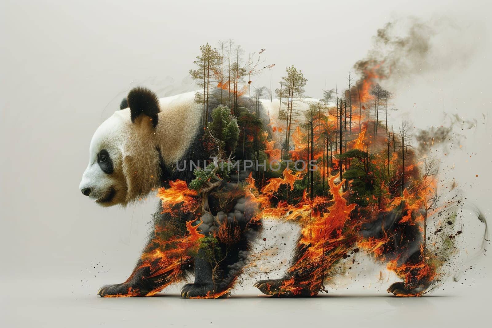 A panda bear is standing in front of a raging fire in the forest, highlighting the danger to animals and the ecosystem.