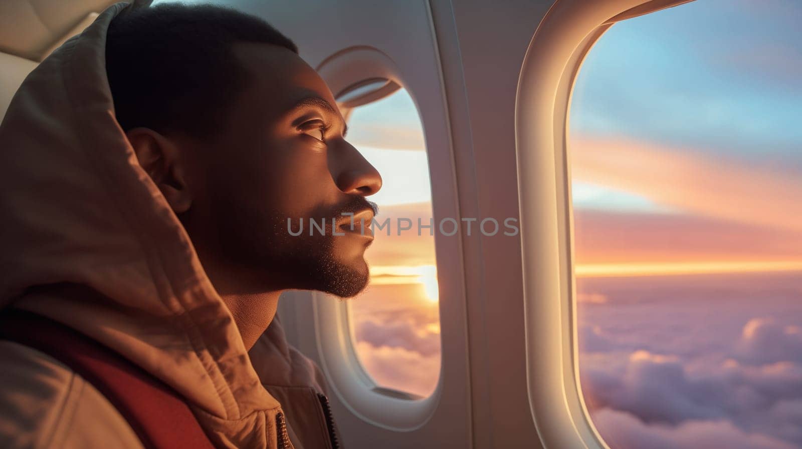 Portrait of young african man passenger sits in a seat on an airplane and looking out the window enjoying flight