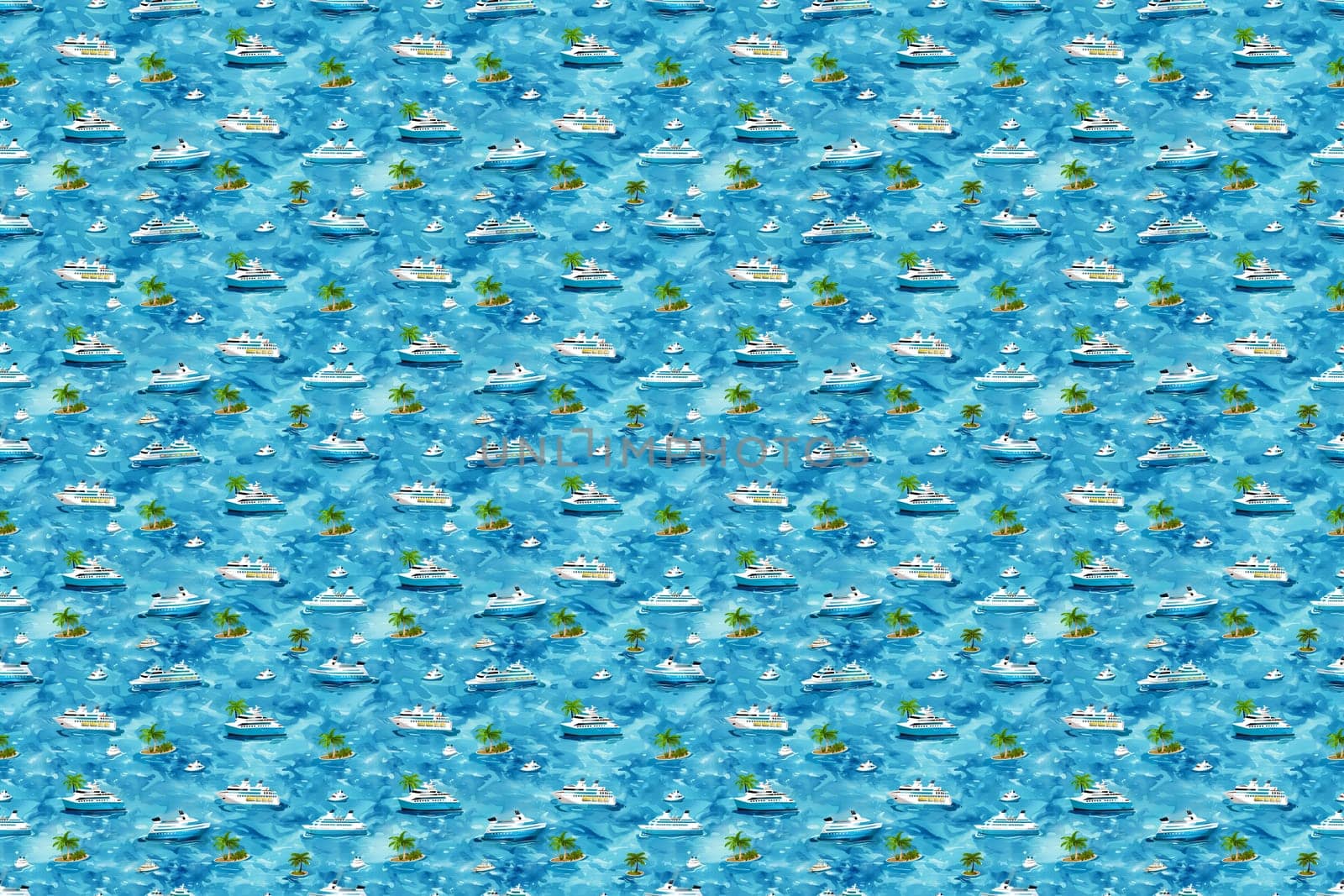 A seamless repeating pattern showing cruise ships and small palm-covered islands in a vibrant blue sea, conveying a tropical vacation vibe.